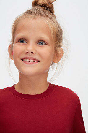 Bordo Basic Unisex Çocuk Kışlık Sıfır Yaka Uzun Kollu Tişört