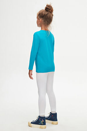 Koyu Turkuaz Basic Unisex Çocuk Mevsimlik Sıfır Yaka Uzun Kollu Tişört