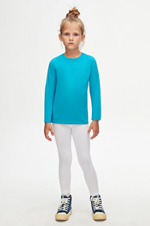 Koyu Turkuaz Basic Unisex Çocuk Mevsimlik Sıfır Yaka Uzun Kollu Tişört