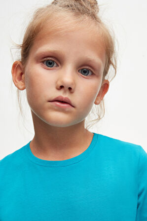 Koyu Turkuaz Basic Unisex Çocuk Mevsimlik Sıfır Yaka Uzun Kollu Tişört