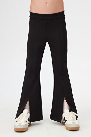 Siyah Kız Çocuk Ön Yırtmaçlı Nervürlü Scuba Pantolon