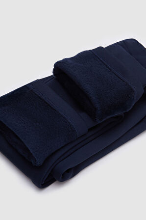 Koyu Lacivert Kız Çocuk İçi Peluş Yan Panel Tüylü Extra Kalın Kışlık Tayt