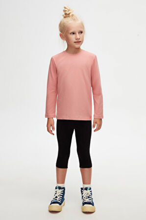 Koyu Pudra Basic Unisex Çocuk Mevsimlik Sıfır Yaka Uzun Kollu Tişört