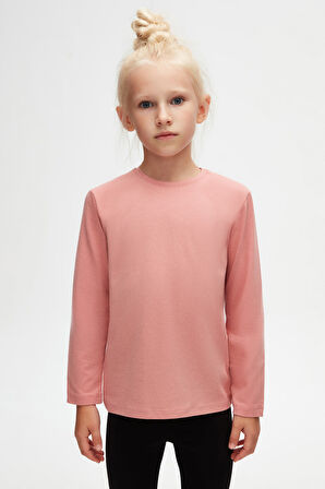 Koyu Pudra Basic Unisex Çocuk Mevsimlik Sıfır Yaka Uzun Kollu Tişört