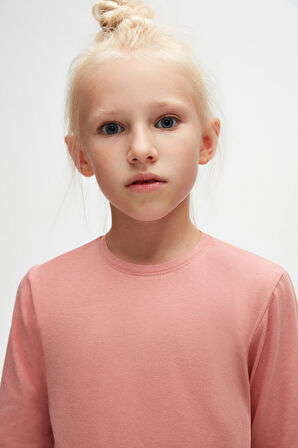 Koyu Pudra Basic Unisex Çocuk Mevsimlik Sıfır Yaka Uzun Kollu Tişört