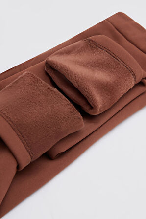 Kahverengi Kız Çocuk İçi Peluş Kulaklı Tavşan Nakışlı Extra Kalın Kışlık Tayt