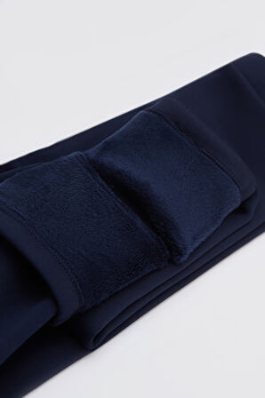Koyu Lacivert Kız Çocuk İçi Peluş Kulaklı Tavşan Nakışlı Extra Kalın Kışlık Tayt