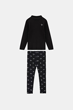 Siyah Kız Çiçek Baskılı Kız Çocuk Kaşkorse Alt Üst Takım