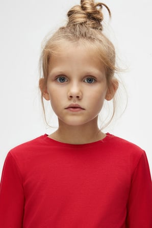 Açık Kırmızı Unisex Çocuk Mevsimlik Sıfır Yaka Uzun Kollu Basic Tişört