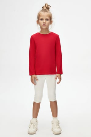 Açık Kırmızı Unisex Çocuk Mevsimlik Sıfır Yaka Uzun Kollu Basic Tişört