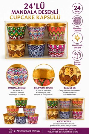 Cupcake Kapsülü 24'lü Mandala Desenli Gold Varaklı Asetat Kutulu Kek ve Muffin Pişirme Kapsülü