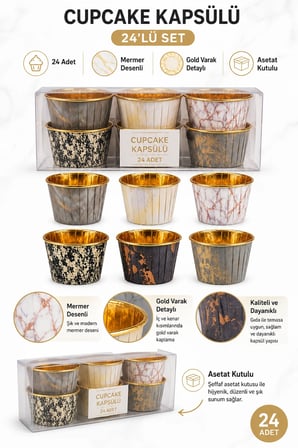 Cupcake Kapsülü 24'lü Mermer Desenli Gold Varaklı Asetat Kutulu Kek ve Muffin Pişirme Kapsülü