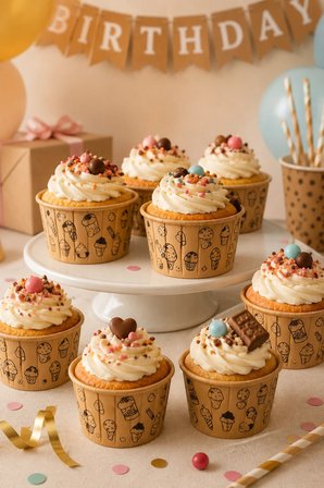 Cupcake Kapsülü 24'lü Kraft Şekerleme Desenli Lamineli Asetat Kutulu Kek Muffin Pişirme Kapsülü
