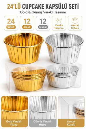 Cupcake Kapsülü 24'lü 12 Gold 12 Gümüş Varaklı Asetat Kutulu Kek Muffin Pişirme ve Sunum Kapsülü