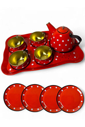 14 Parça Metal Kırmızı Beyaz Desenli Oyuncak Çay Seti