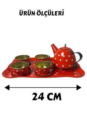 14 Parça Metal Kırmızı Beyaz Desenli Oyuncak Çay Seti