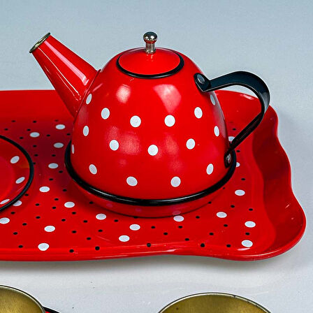 14 Parça Metal Kırmızı Beyaz Desenli Oyuncak Çay Seti