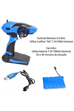 Şarjlı Kumandalı 1:10 Ölçek 25KM/H Hıza Çıkabilen Oyuncak RC Full Fonksiyon Drift Yarış Arabası MAVİ