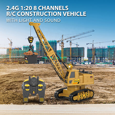 Şarjlı Işıklı Sesli Kumandalı Duman Atan 1:20 Ölçek Oyuncak Vinç 