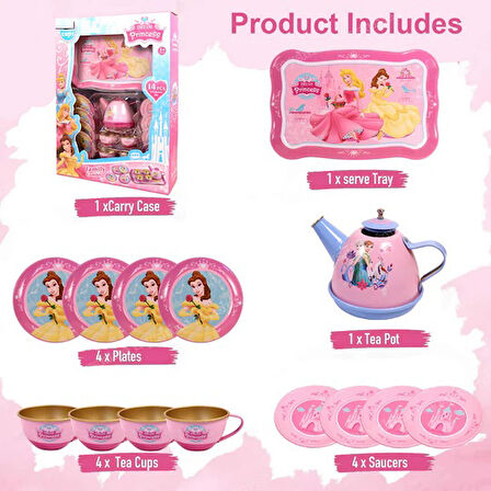 14 Parça Prenses Pembe Metal Oyuncak Çay Seti 