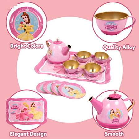 14 Parça Prenses Pembe Metal Oyuncak Çay Seti 
