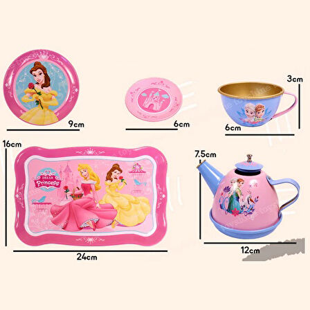 14 Parça Prenses Pembe Metal Oyuncak Çay Seti 