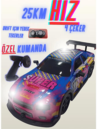 1:22 Ölçek Uzaktan Kumandalı 4x4 Drift Yapabilen Işıklı Sesli Oyuncak Yedek Tekerlekli GTR Araç 