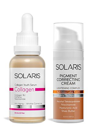 Solaris Tüm Cilt Tipleri İçin Yaşlanma Karşıtı Kolajen Cilt Serumu 30 ml Ve Aydınlatıcı Leke Kremi 50 ml