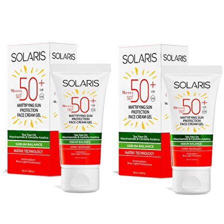 Solaris Yağlı Cilt Tipleri İçin Mat Bitişli Yaşlanma Karşıtı Jel Güneş Kremi SPF 50+ (50 ml) x 2 Adet