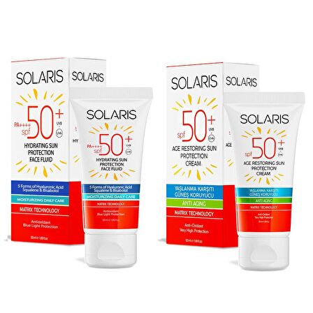 Solaris Tüm Cilt Tipleri İçin Güneş Kremi SPF 50+ (50 ml) ve Yaşlanma Karşıtı Güneş Kremi SPF 50+ (50 ml)