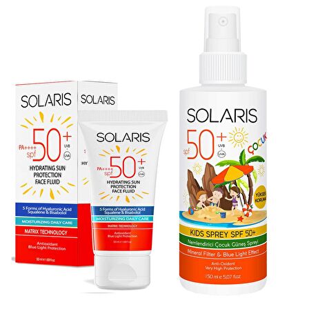 Solaris Tüm Cilt Tipleri İçin Güneş Kremi SPF 50+ (50 ml) ve Çocuk Güneş Kremi Sprey SPF 50+ (150 ml)