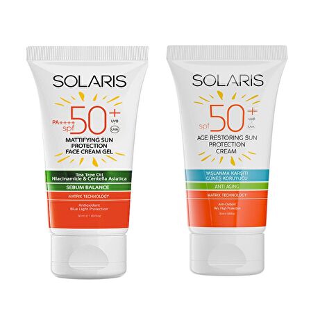 Solaris Yağlı Ciltler İçin Jel Güneş Kremi (Mat) SPF 50+ (50 ml) ve Yaşlanma Karşıtı Güneş Kremi SPF 50+