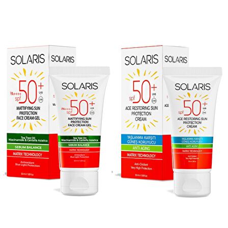 Solaris Yağlı Ciltler İçin Jel Güneş Kremi (Mat) SPF 50+ (50 ml) ve Yaşlanma Karşıtı Güneş Kremi SPF 50+