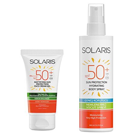 Solaris Yağlı Cilt Tipleri İçin Jel Güneş Kremi (Mat) SPF 50+ (50 ml) ve Güneş Koruyucu Krem Sprey SPF 50+