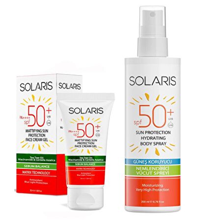 Solaris Yağlı Cilt Tipleri İçin Jel Güneş Kremi (Mat) SPF 50+ (50 ml) ve Güneş Koruyucu Krem Sprey SPF 50+