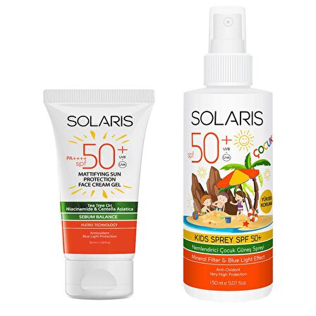 Solaris Yağlı Cilt Tipleri İçin Jel Güneş Kremi (Mat) SPF 50+ (50 ml) ve Çocuk Güneş Kremi Sprey SPF 50+