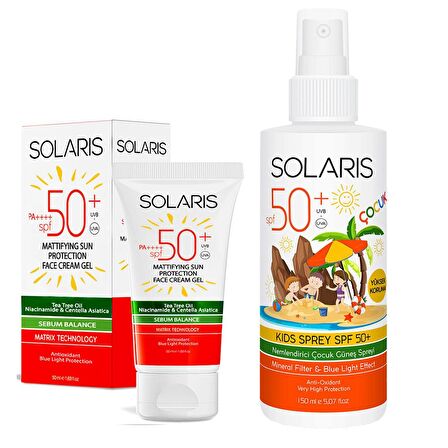 Solaris Yağlı Cilt Tipleri İçin Jel Güneş Kremi (Mat) SPF 50+ (50 ml) ve Çocuk Güneş Kremi Sprey SPF 50+