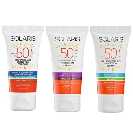 Solaris Tüm Ciltler İçin SPF 50+ Güneş Kremi Seti Leke Karşıtı ve Yaşlanma Karşıtı ve Nemlendirici Etkili