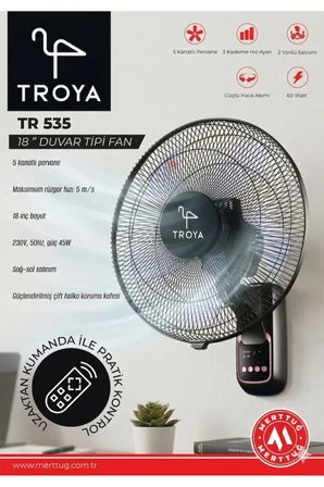 Troya TR-524 18 İnç Duvar Tipi Uzaktan Kumandalı Vantilatör Siyah