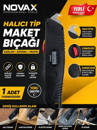 Novax Halıcı Tip Maket Bıçağı Plastik Gövde Otomatik Kilit Sağlam YERLİ Markamız 1 ADET ( YEDEKSİZDİR )