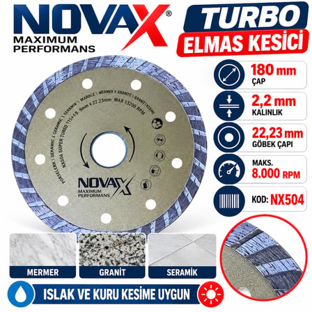 Novax Turbo Elmas Kesici 180 x 2.2 mm X22.23 Mermer Granit Kesme Islık ve Kuru 8000 Rpm KOD:NX504