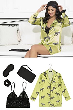 Saten 5 li Zebra Desenli Nightshirt Takım