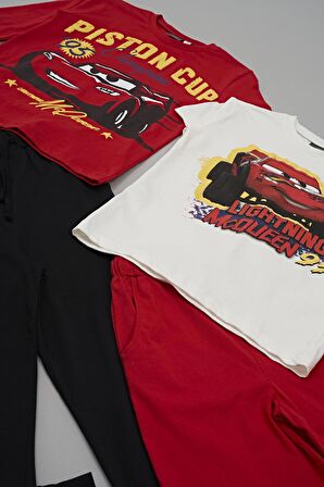 4'lü McQueen Baskılı Tshirt Şort Pantolon Kırmızı Takım