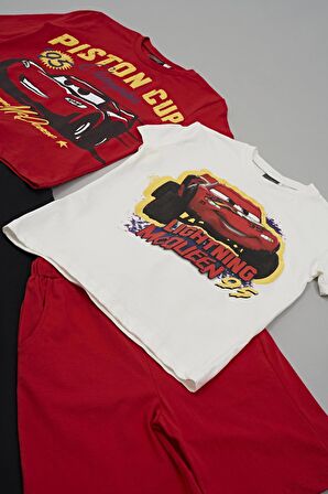 4'lü McQueen Baskılı Tshirt Şort Pantolon Kırmızı Takım