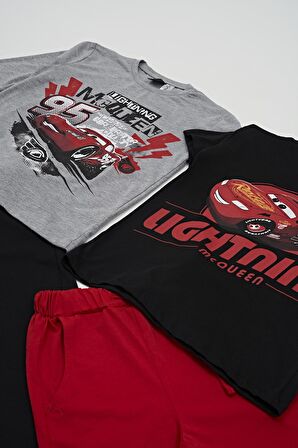 4'lü McQueen Baskılı Tshirt Şort Pantolon Siyah Takım