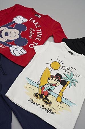 4'lü Mickey Mouse Baskılı Tshirt Şort Pantolon Takım