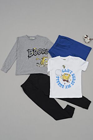 4'lü Sünger Bob Baskılı Tshirt Şort Pantolon Takım