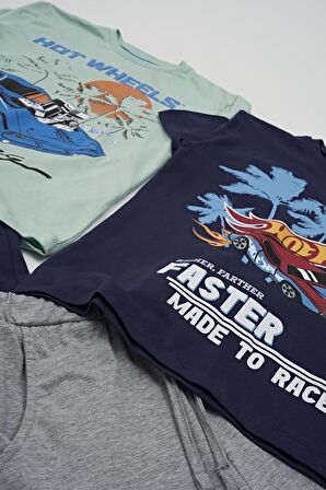 4'lü Hot Wheels Baskılı Tshirt Şort Pantolon Takım