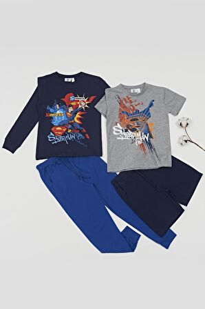 4'lü Süper Man Baskılı Lacivert Tshirt Şort Pantolon Takım