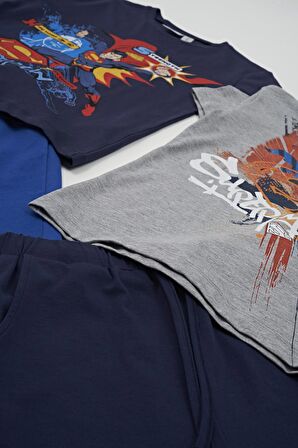 4'lü Süper Man Baskılı Lacivert Tshirt Şort Pantolon Takım